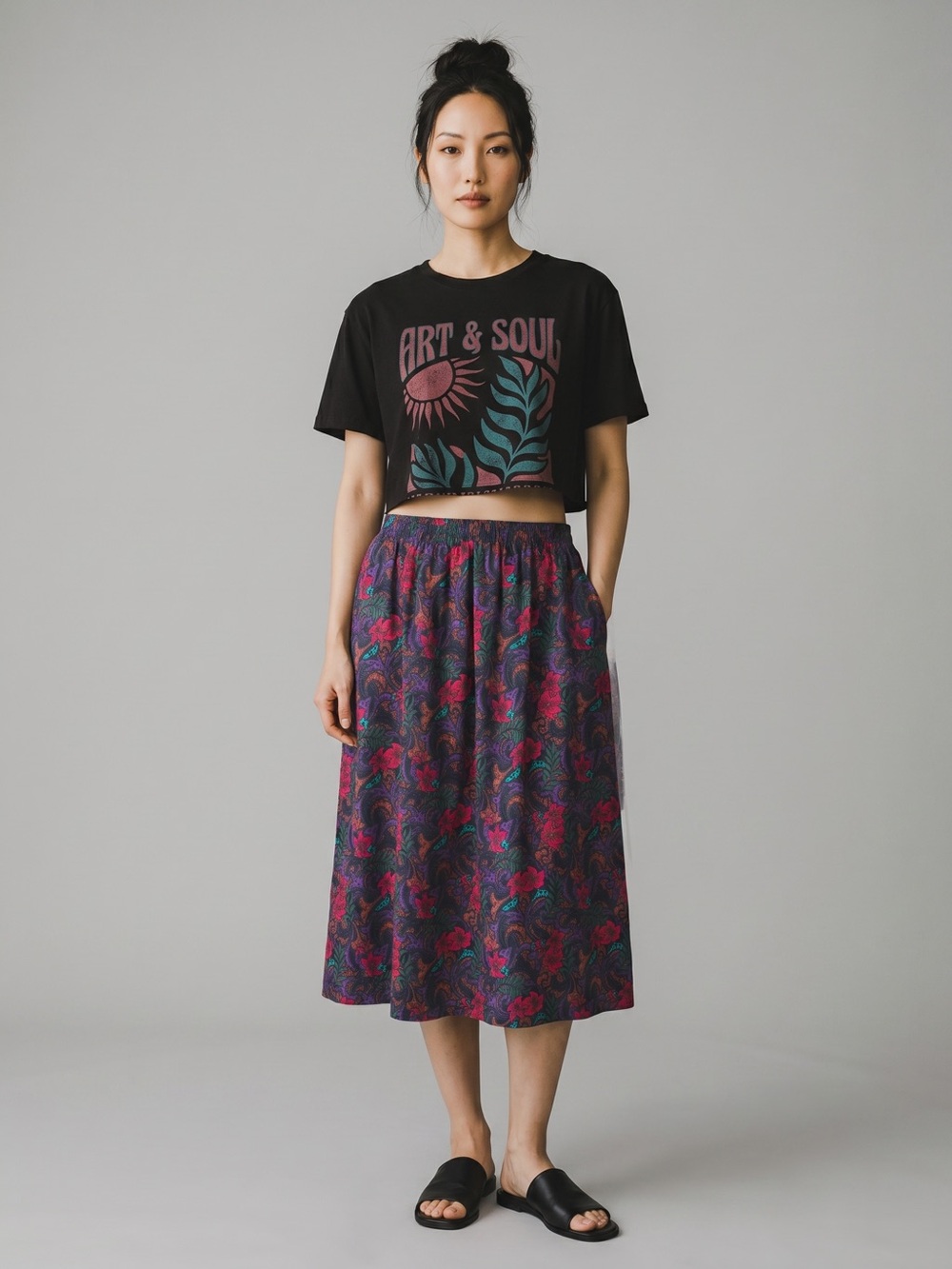 Vintage Sag Harbor Purple Midi Skirt Size L Red Floral Paisley Print Pockets